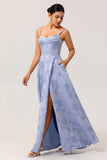 Blue A Line Spaghetti Straps Brocade Corset Prom Dress with Slit