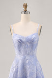 Blue A-Line Brocade Corset Long Prom Dress with Slit