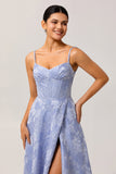 Blue A Line Spaghetti Straps Brocade Corset Prom Dress with Slit