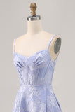 Blue A-Line Brocade Corset Long Prom Dress with Slit