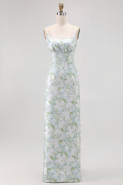 Blue Spaghetti Strap Satin Pastel Floral Long Bridesmaid Dress with Pockets