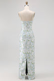 Blue White Floral Spaghetti Straps Printed Sheath Bridesmaid Dress