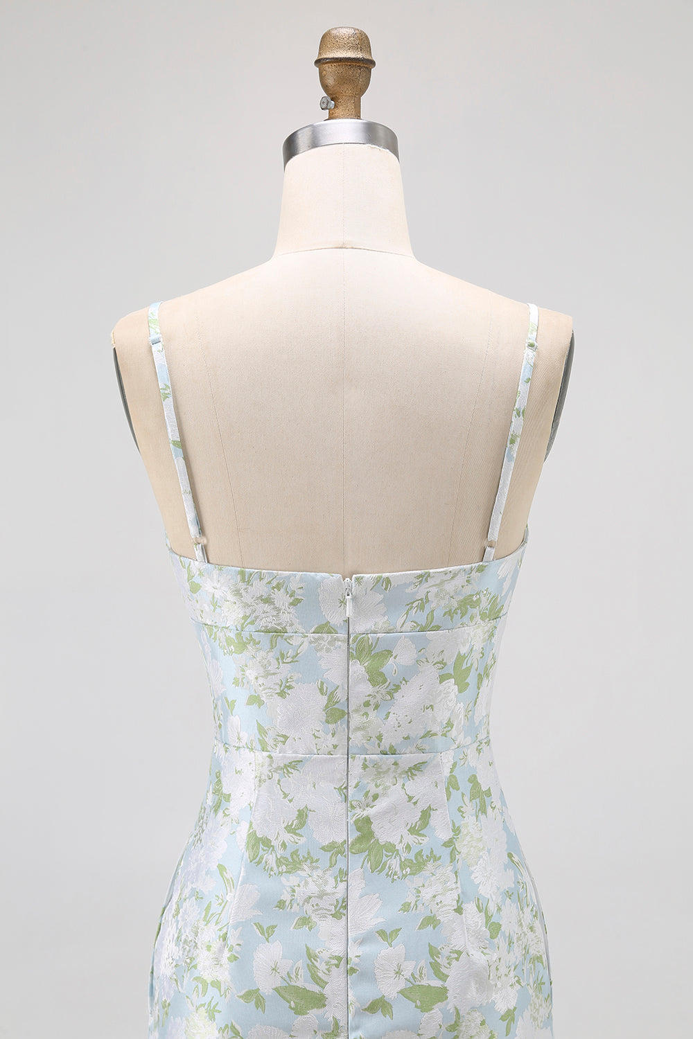 Blue Spaghetti Strap Satin Pastel Floral Long Bridesmaid Dress with Pockets