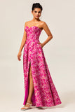 Fuchsia Floral Strapless Corset A-Line Wedding Guest Dress with Pockets