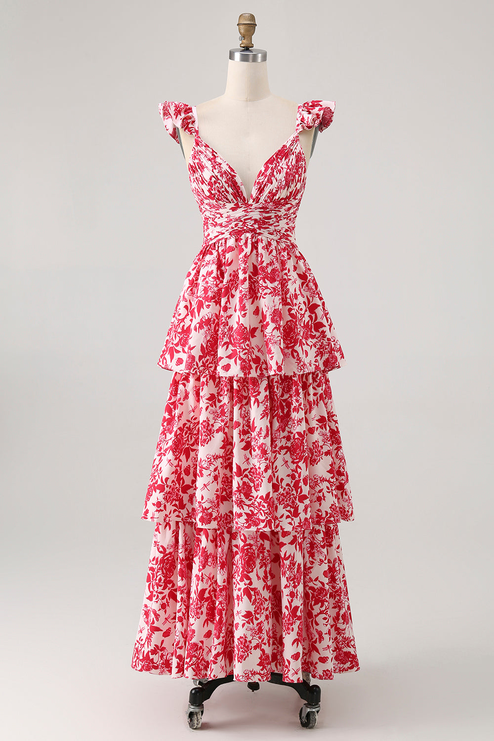 Blue Floral A Line Tiered V Neck Long Bridesmaid Dress