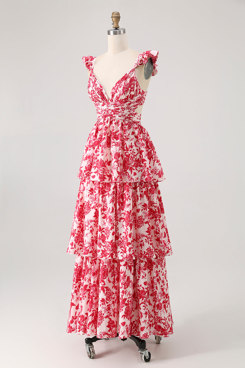 Blue Floral A Line Tiered V Neck Long Bridesmaid Dress