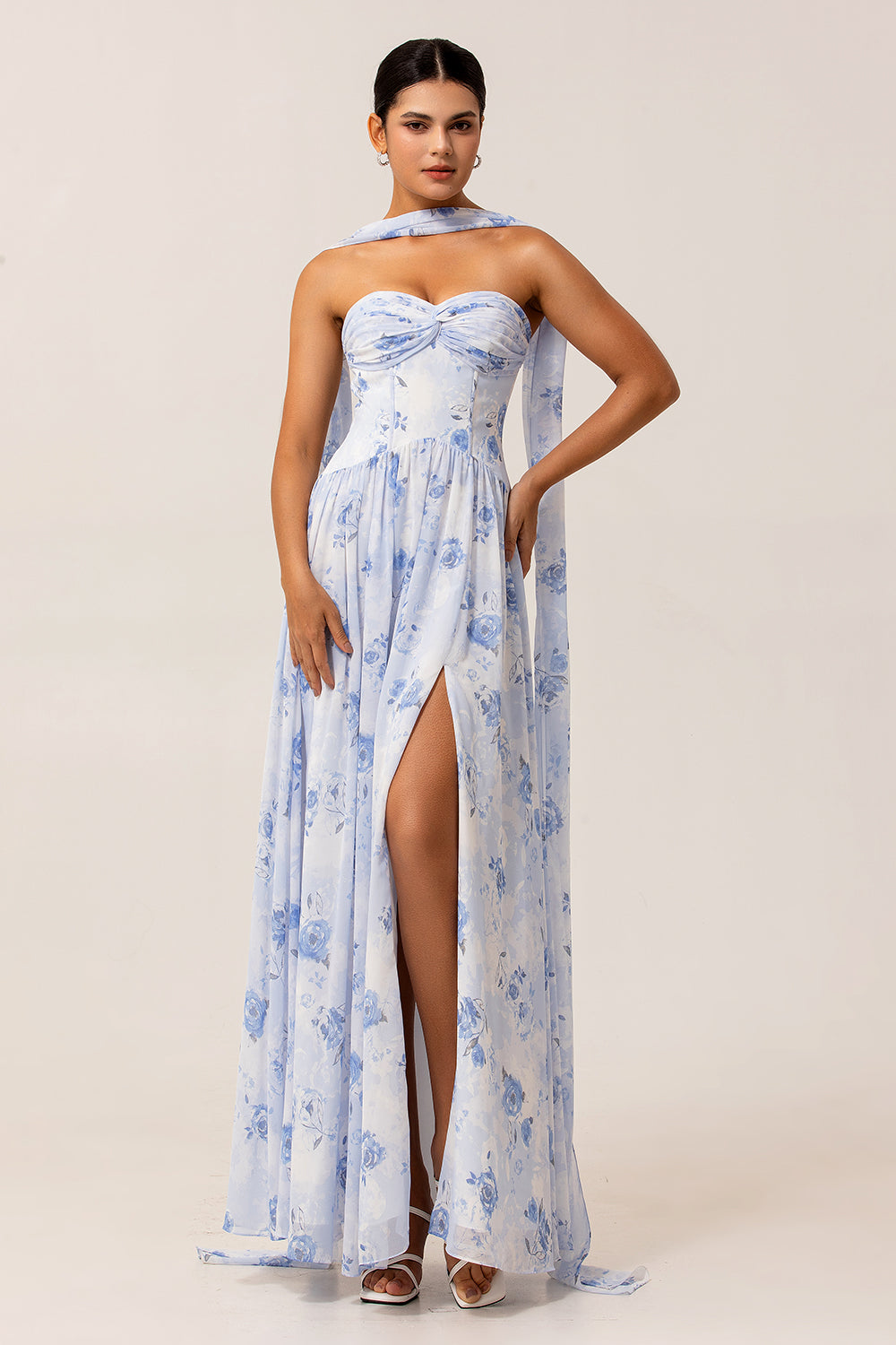 Blue Floral Strapless A Line Chiffon Long Bridesmaid Dress with Slit
