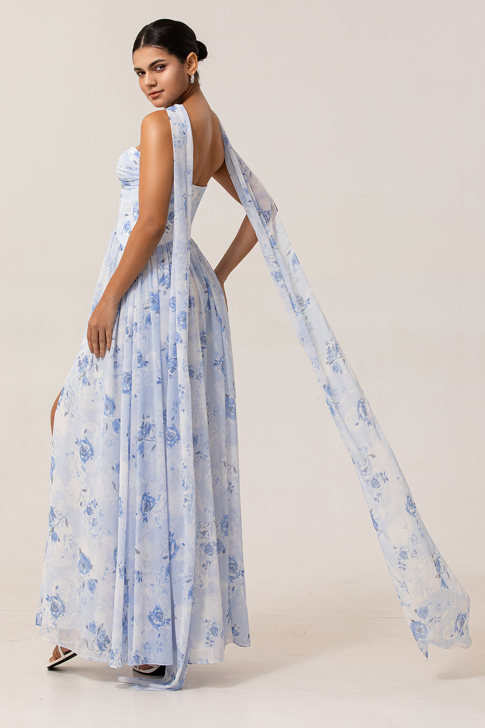 Blue Floral Strapless A Line Chiffon Long Bridesmaid Dress with Slit