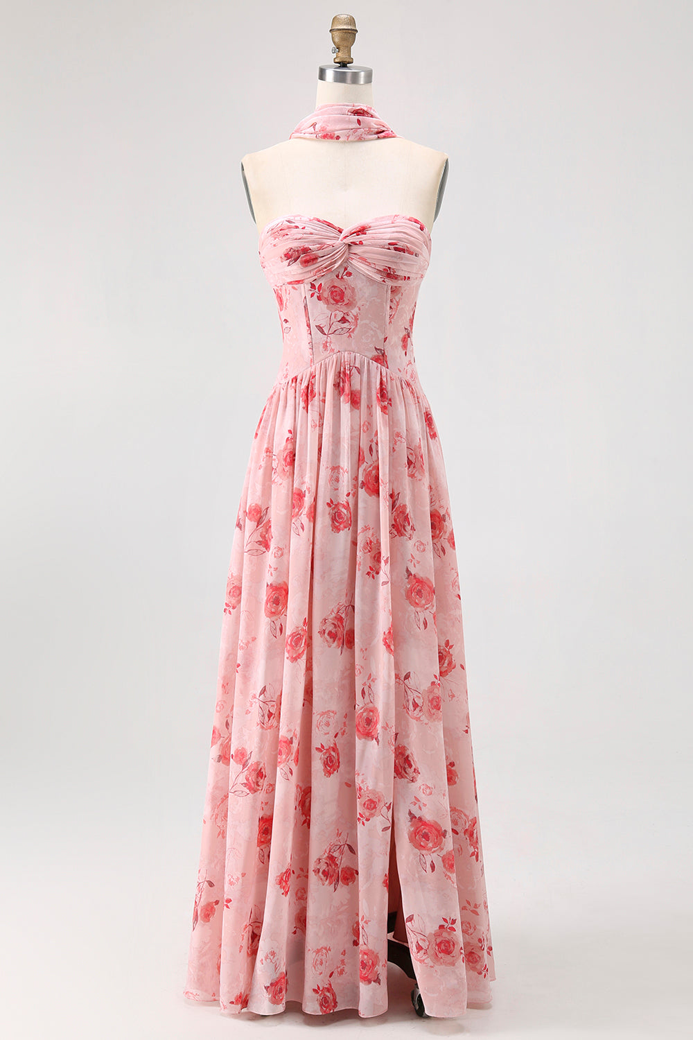 Strapless Blue Flower A-Line Printed Wedding Guest Dress with Slit