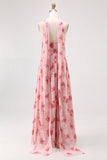 Strapless Blue Flower A-Line Printed Wedding Guest Dress with Slit