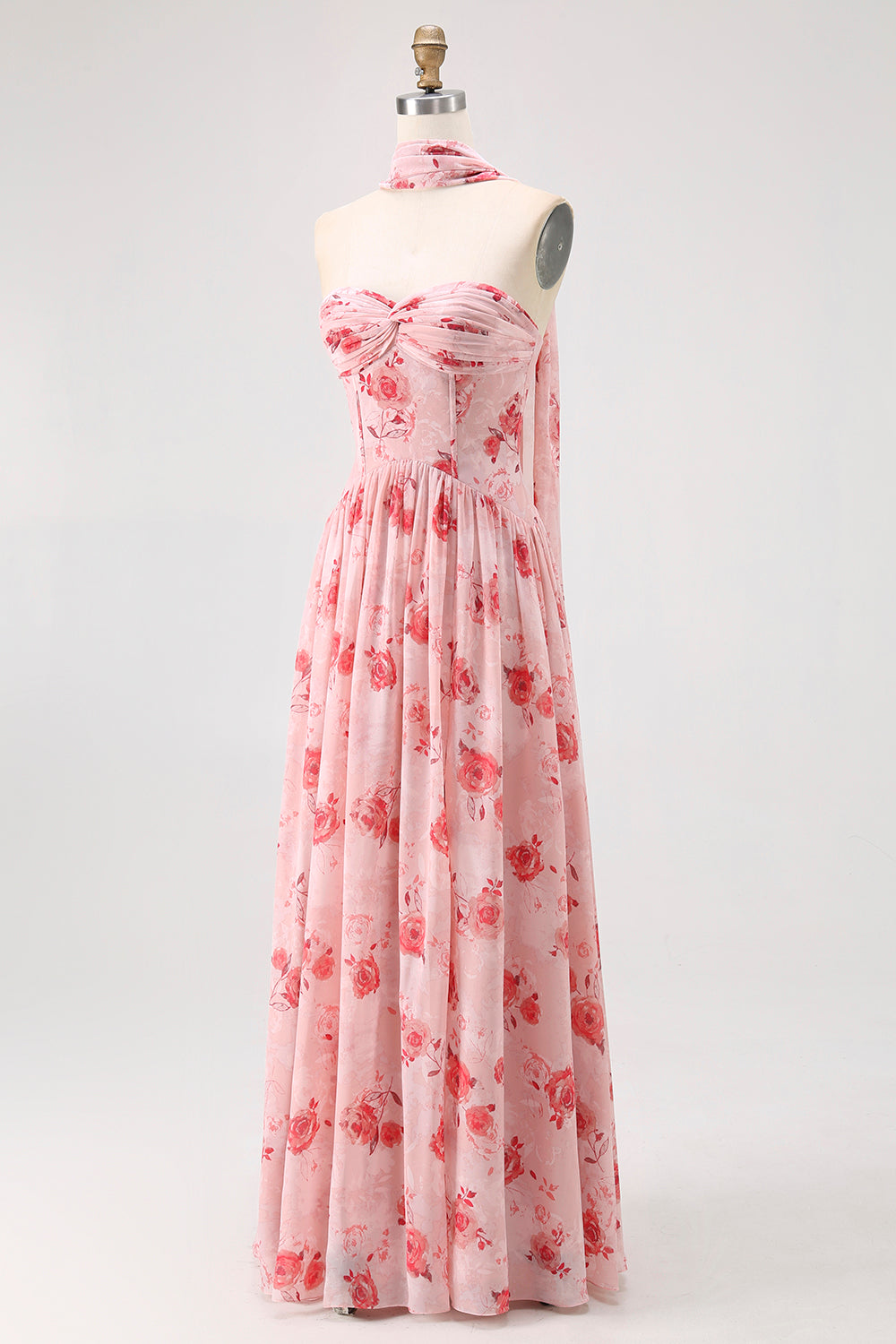 Strapless Blue Flower A-Line Printed Wedding Guest Dress with Slit