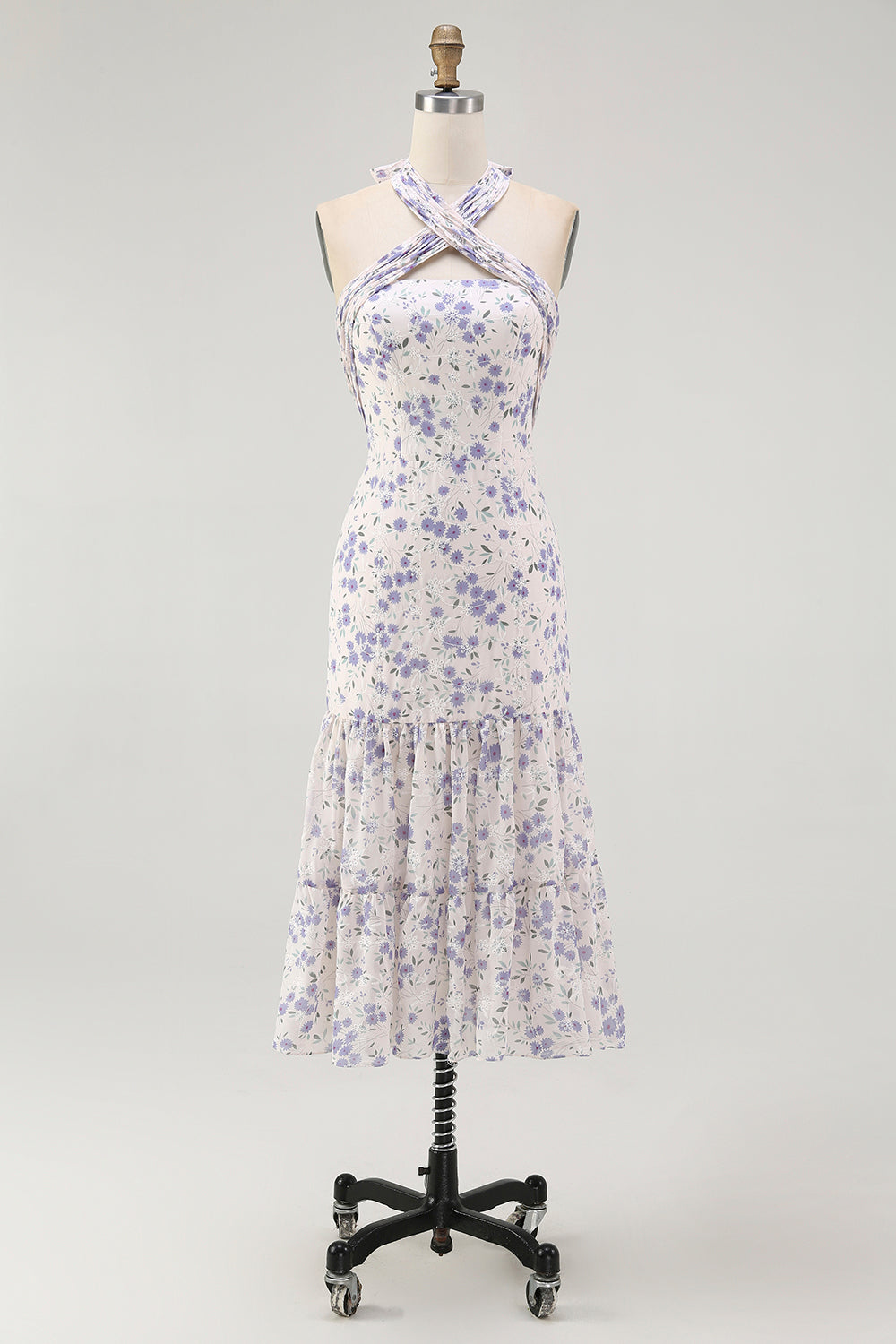 Blue Floral Halter A Line Ruffled Midi Bridesmaid Dress