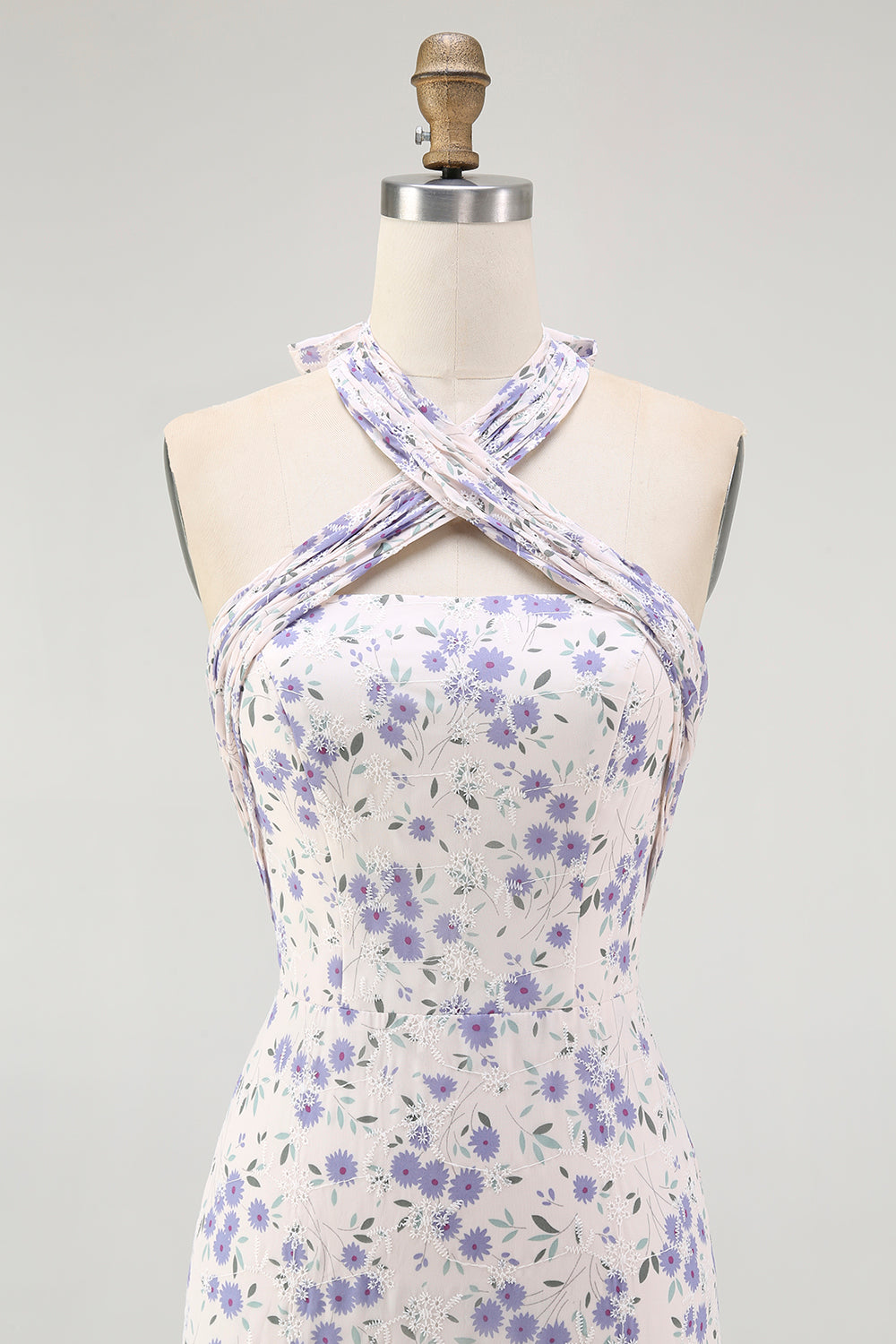 Blue Floral Halter A Line Ruffled Midi Bridesmaid Dress