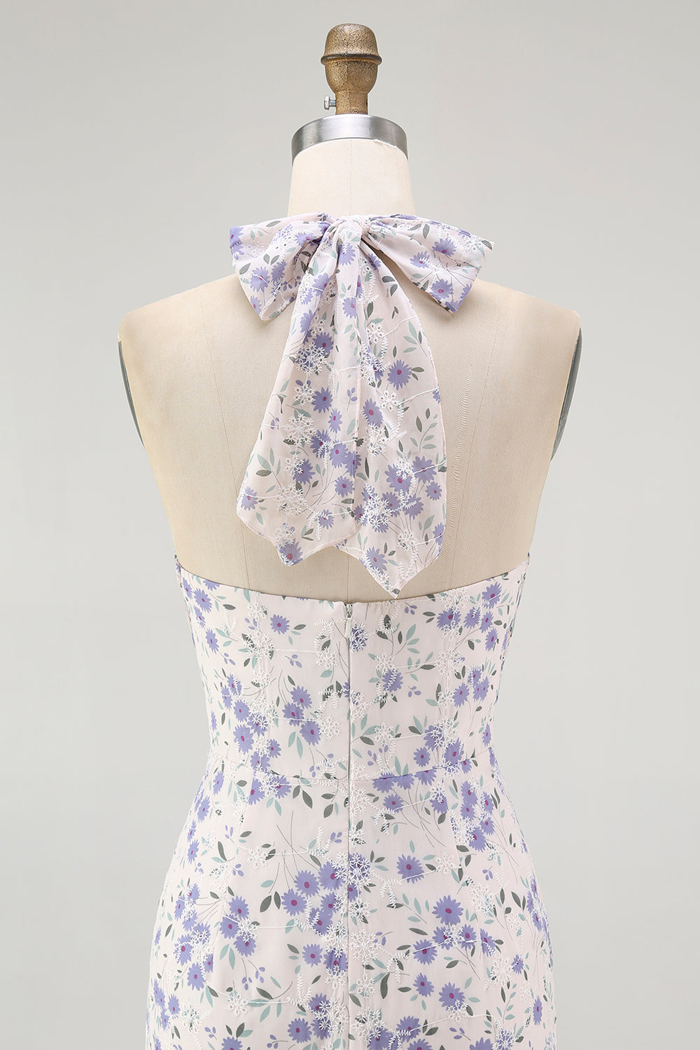 Blue Floral Halter A Line Ruffled Midi Bridesmaid Dress
