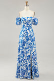 Off The Shoulder Blue Floral Printed Wedding Guest Dress with Slit