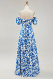 Off The Shoulder Blue Floral Printed Wedding Guest Dress with Slit