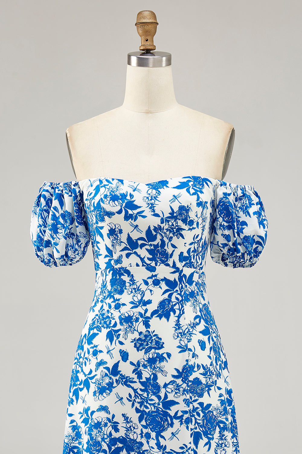 Off The Shoulder Blue Floral Printed Wedding Guest Dress with Slit