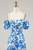 Off The Shoulder Blue Floral Printed Wedding Guest Dress with Slit