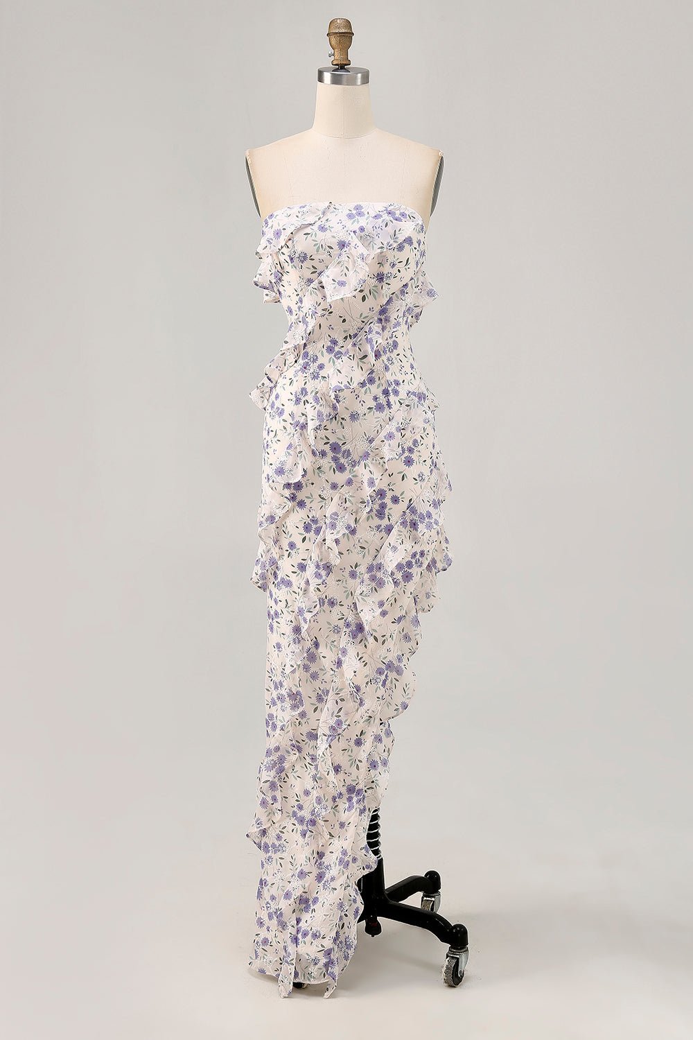 Blue Floral Sheath Strapless Ruffled Bridesmaid Dress