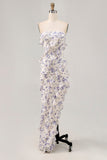 Blue Floral Sheath Strapless Ruffled Bridesmaid Dress