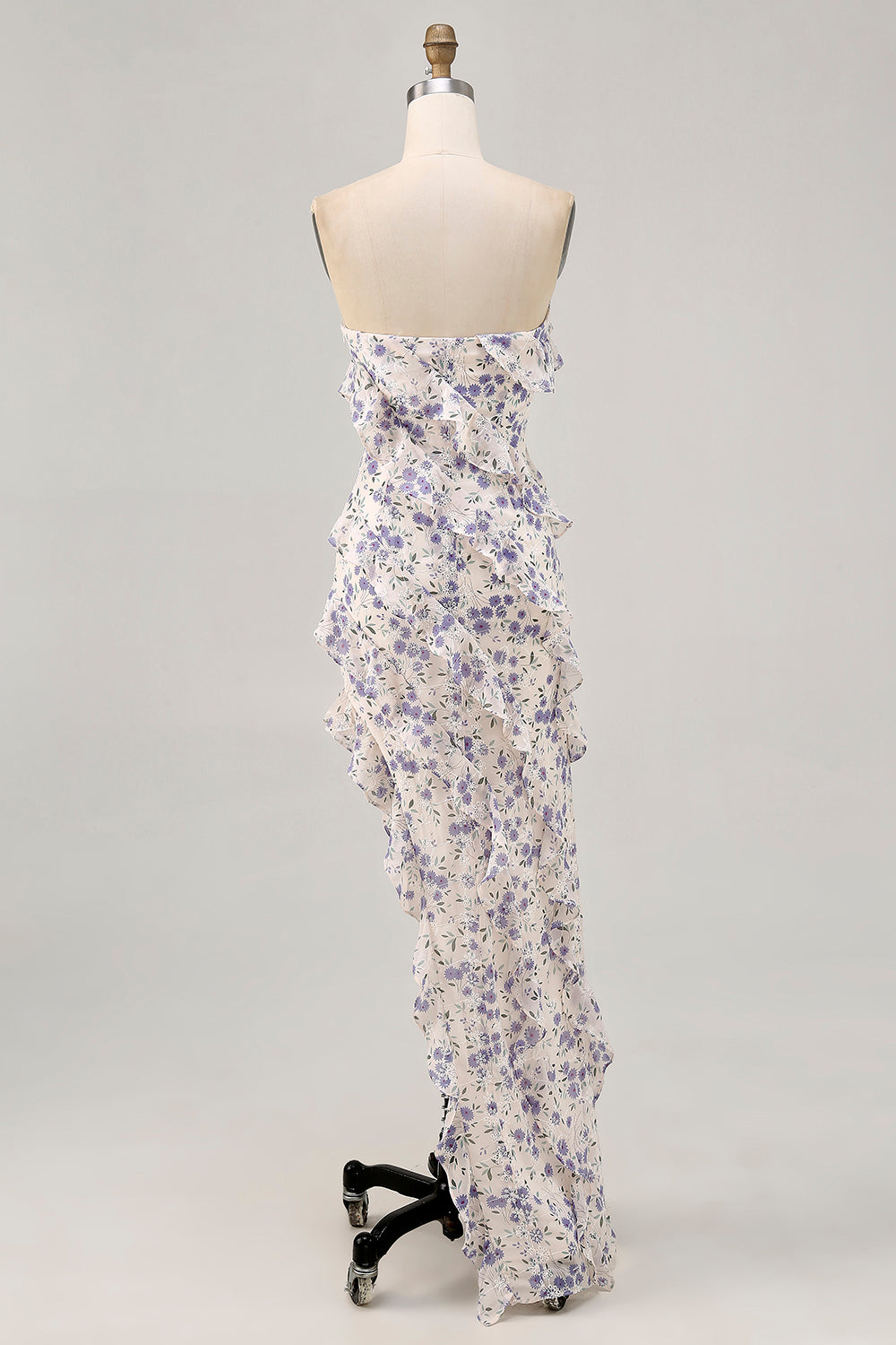 Blue Floral Sheath Strapless Ruffled Bridesmaid Dress