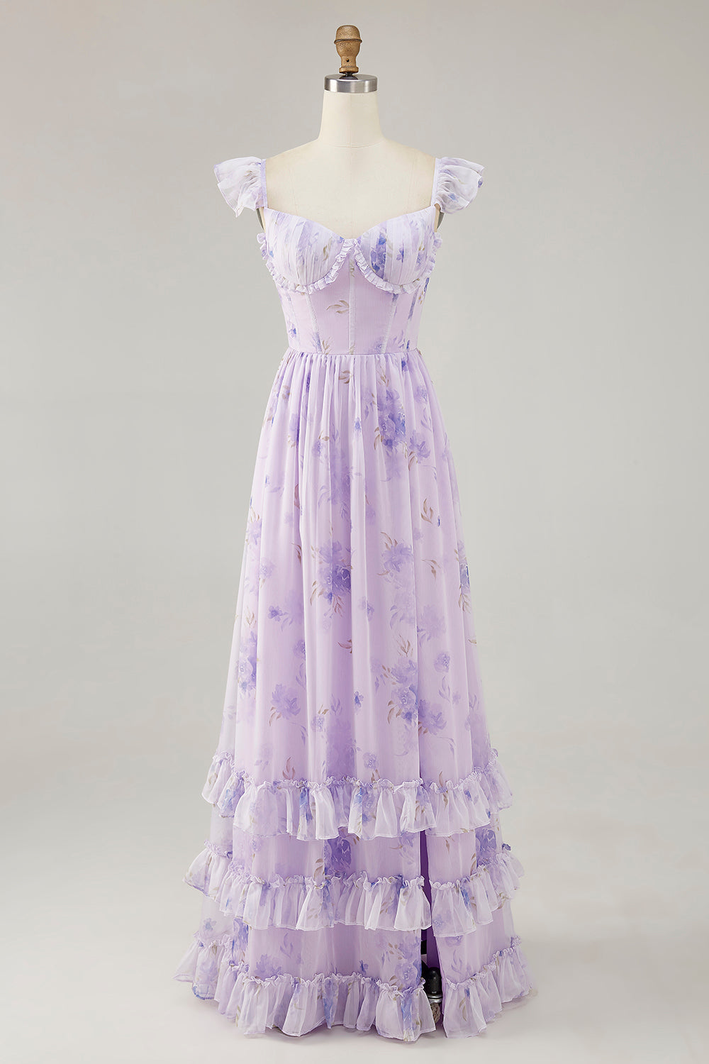 Lavender Flower Printed Ruffled A Line Bridesmaid Dress with Slit
