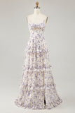 Purple Flower Printed A Line Cut Out Wedding Guest Dress with Slit