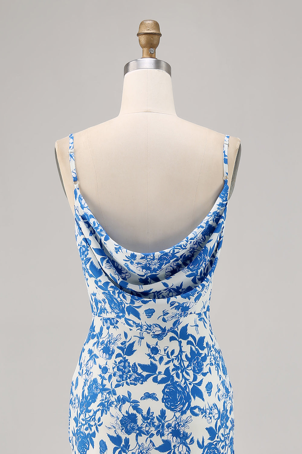 Blue Flower Cowl Neck Mermaid Long Wedding Guest Dress