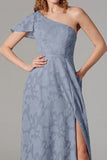 Dusty Blue A-Line One Shoulder Bridesmaid Dress with Slit