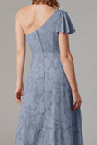 Dusty Blue A-Line One Shoulder Bridesmaid Dress with Slit