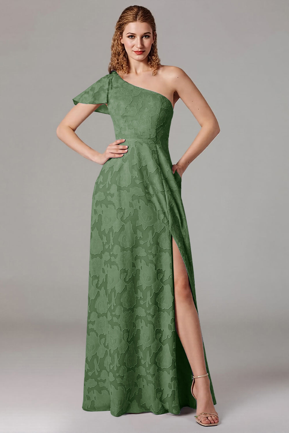 Dusty Blue A-Line One Shoulder Bridesmaid Dress with Slit