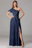 Dusty Blue A-Line One Shoulder Bridesmaid Dress with Slit