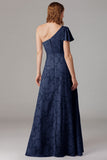 Dusty Blue A-Line One Shoulder Bridesmaid Dress with Slit