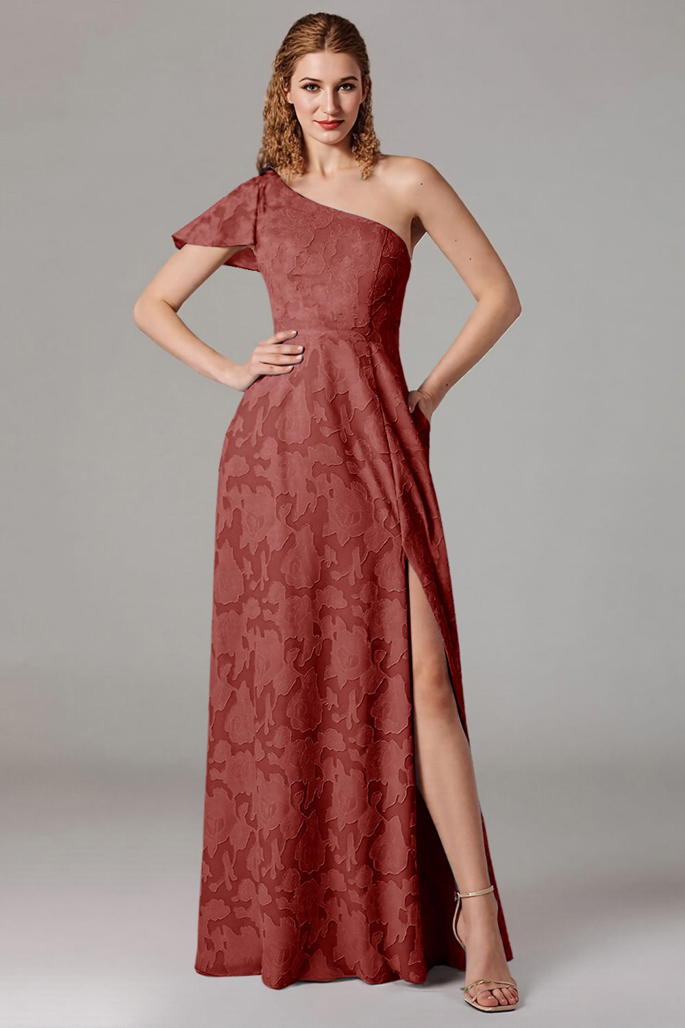 Dusty Blue A-Line One Shoulder Bridesmaid Dress with Slit