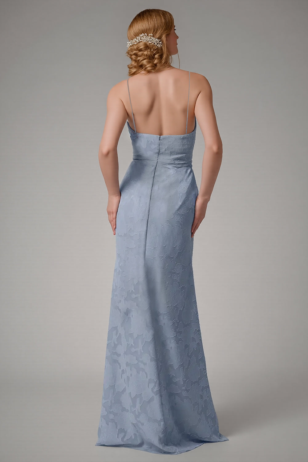Dusty Blue Sheath Spaghetti Straps Bridesmaid Dress with Slit