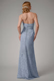 Dusty Blue Sheath Spaghetti Straps Bridesmaid Dress with Slit