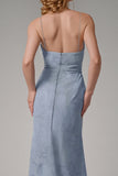 Dusty Blue Sheath Spaghetti Straps Bridesmaid Dress with Slit