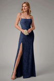 Dusty Blue Sheath Spaghetti Straps Bridesmaid Dress with Slit
