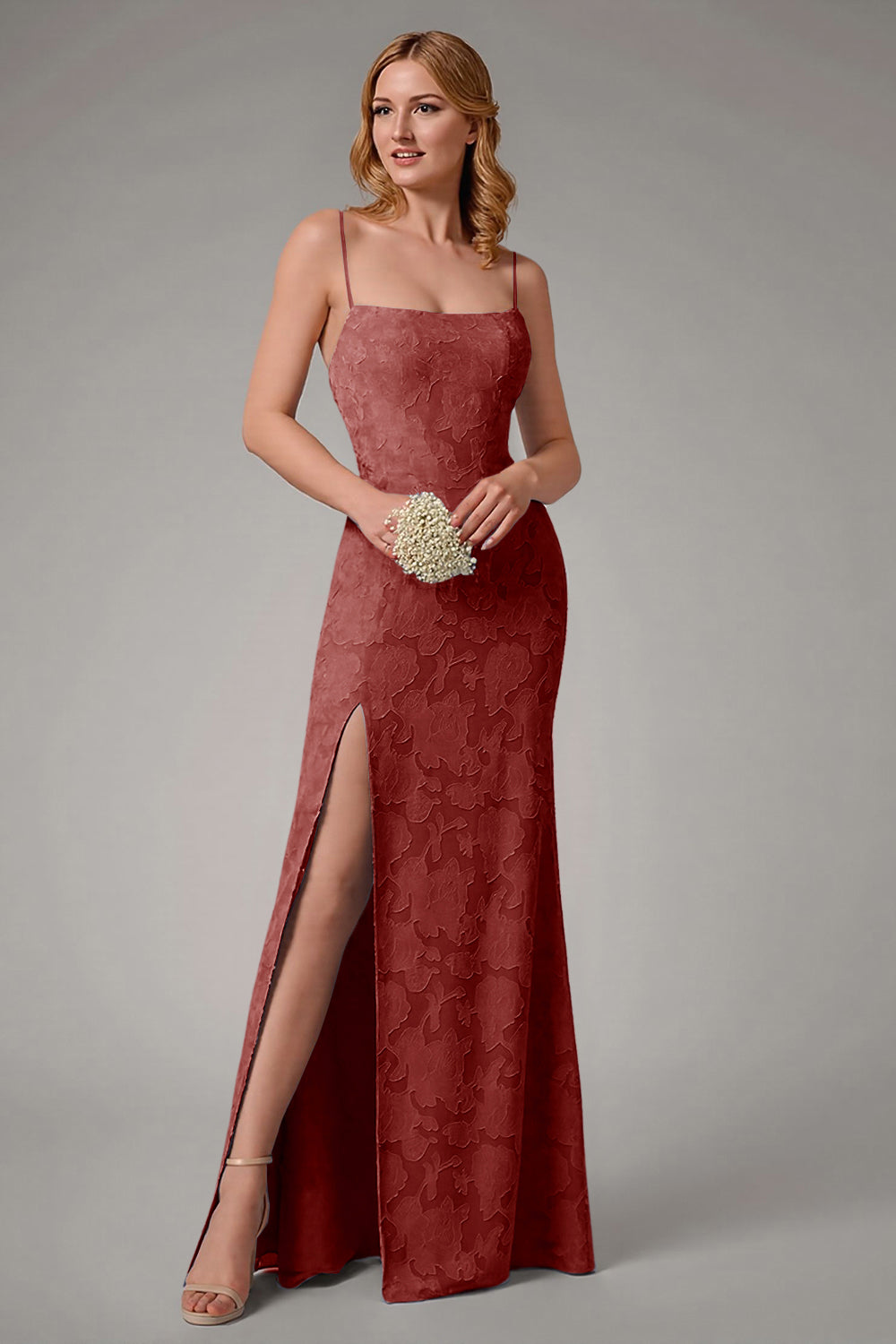 Dusty Blue Sheath Spaghetti Straps Bridesmaid Dress with Slit