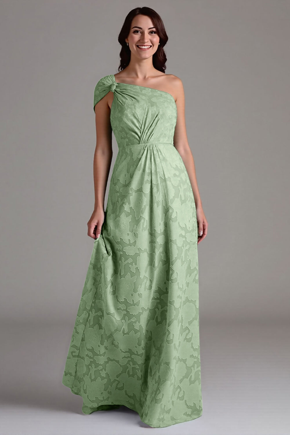 A-Line One Shoulder Ruched Eucalyptus Bridesmaid Dress