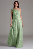 A-Line One Shoulder Ruched Eucalyptus Bridesmaid Dress