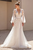 Ivory A Line V Neck Long Sleeves Wedding Dress with Lace