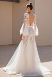 Ivory A Line V Neck Long Sleeves Wedding Dress with Lace