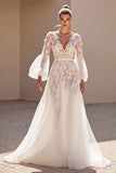 Ivory A Line V Neck Long Sleeves Wedding Dress with Lace