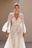 Ivory A Line V Neck Long Sleeves Wedding Dress with Lace