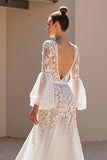 Ivory A Line V Neck Long Sleeves Wedding Dress with Lace