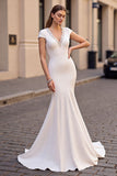 Ivory Mermaid V Neck Cap Sleeves Wedding Dress