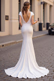 Ivory Mermaid V Neck Cap Sleeves Wedding Dress