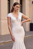 Ivory Mermaid V Neck Cap Sleeves Wedding Dress