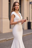 Ivory Mermaid V Neck Cap Sleeves Wedding Dress